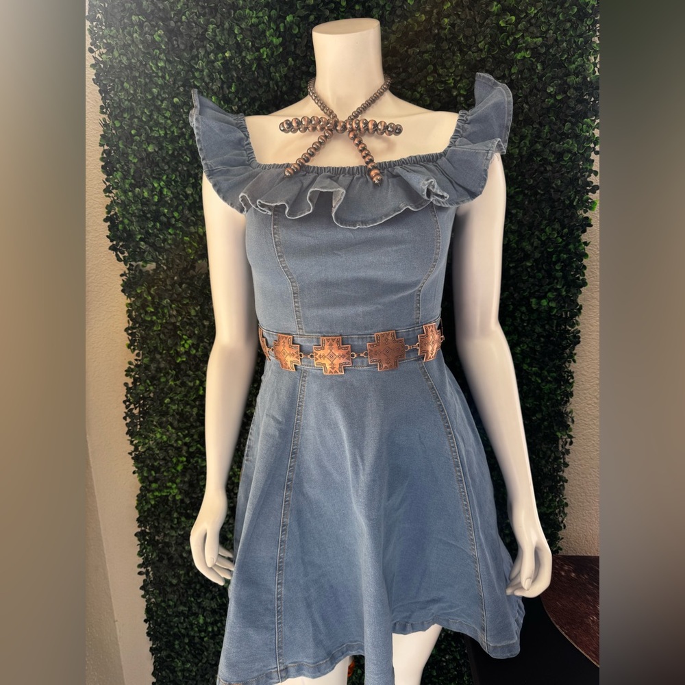 Ruffled Off-Shoulder Denim Midi Dress in Light Blue